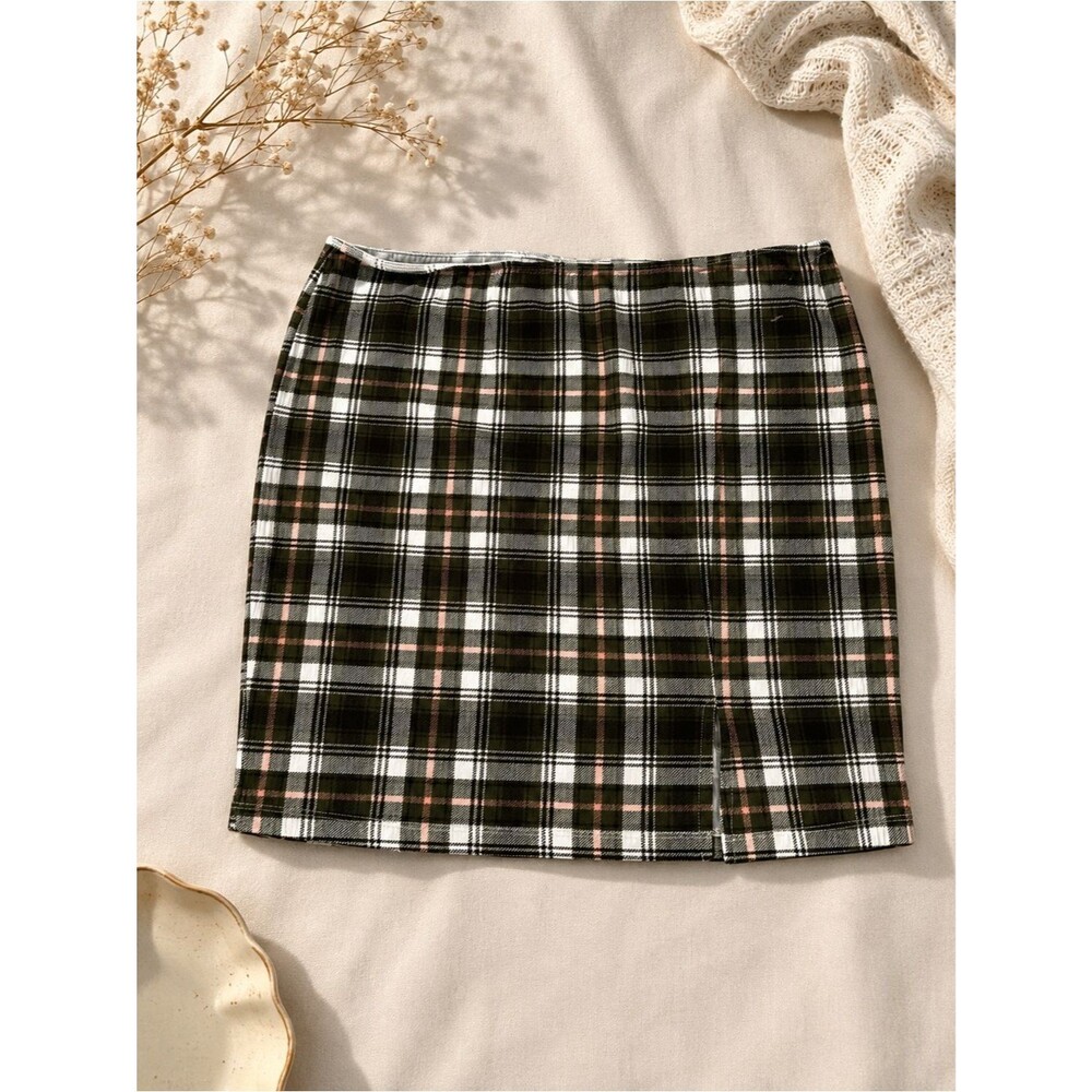 Just Polly New York Plaid Mini Skirt Size L Y2K Preppy Stretch Pull-On